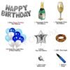 Premium Blue Birthday Balloon Decoration Items with Silver Happy Birthday Foil Letters, 1 Champagne Bottle, 1 c Glass, 8 Pieces Silver Star, 100 Pieces Metallic Balloons, 1 LED and 1 Pump