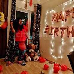 Rose Gold Happy Birthday Decoration Kit Surprise for Wife, Girlfriend - 22pc Combo - 20pc Heart Shape Balloons, 1pc Rose Gold Happy Birthday and 1pc Led Light