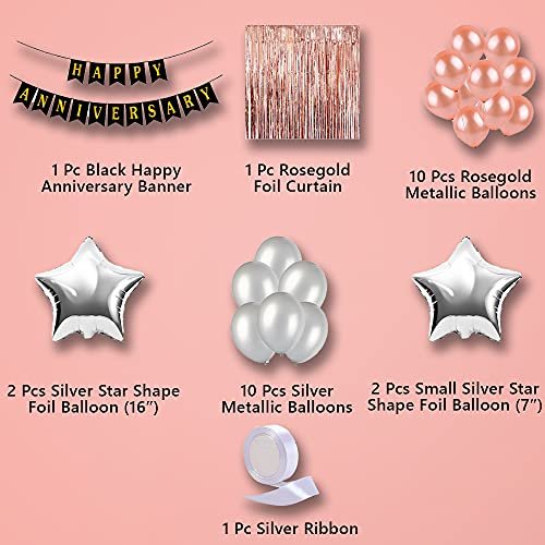 Rosegold Anniversary Decoration Items Combo - 27 Pcs - Anniversary Banner, Foil curtains for party, Star Shape Foil & Metallic Balloon - wedding anniversary decoration