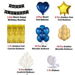 Golden & Blue Happy Birthday Banner Balloon Decorations - Pack of 44 Pcs - Birthday Black, Star Shape Balloon, Heart Shape Balloon, Curtain and Confetti