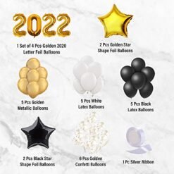 Black & Golden New Year Decoration Items 2022 - 30 Pcs Combo - 2022 Foil, Star Shape Foil, Confetti, Metallic & Latex Balloons for Home Decor NY Eve Party