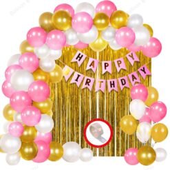 Birthday Decorations, Birthday Ka Saman, Birthday Decoration Kit for Girls ? 64Pcs Pink, Glden White Metallic Birthday Balloons for Girls Decoration, Golden Foil Curtain, Pink Happy Birthday Banner/Birthday Decoration Combo Set