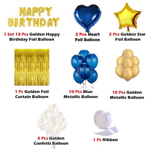 Golden and Blue Decoration Items - Pack of 44 Pcs - Birthday Foil Balloon, Star Shape Balloon, Heart Shape Balloon, Curtain and Confetti - Image 2