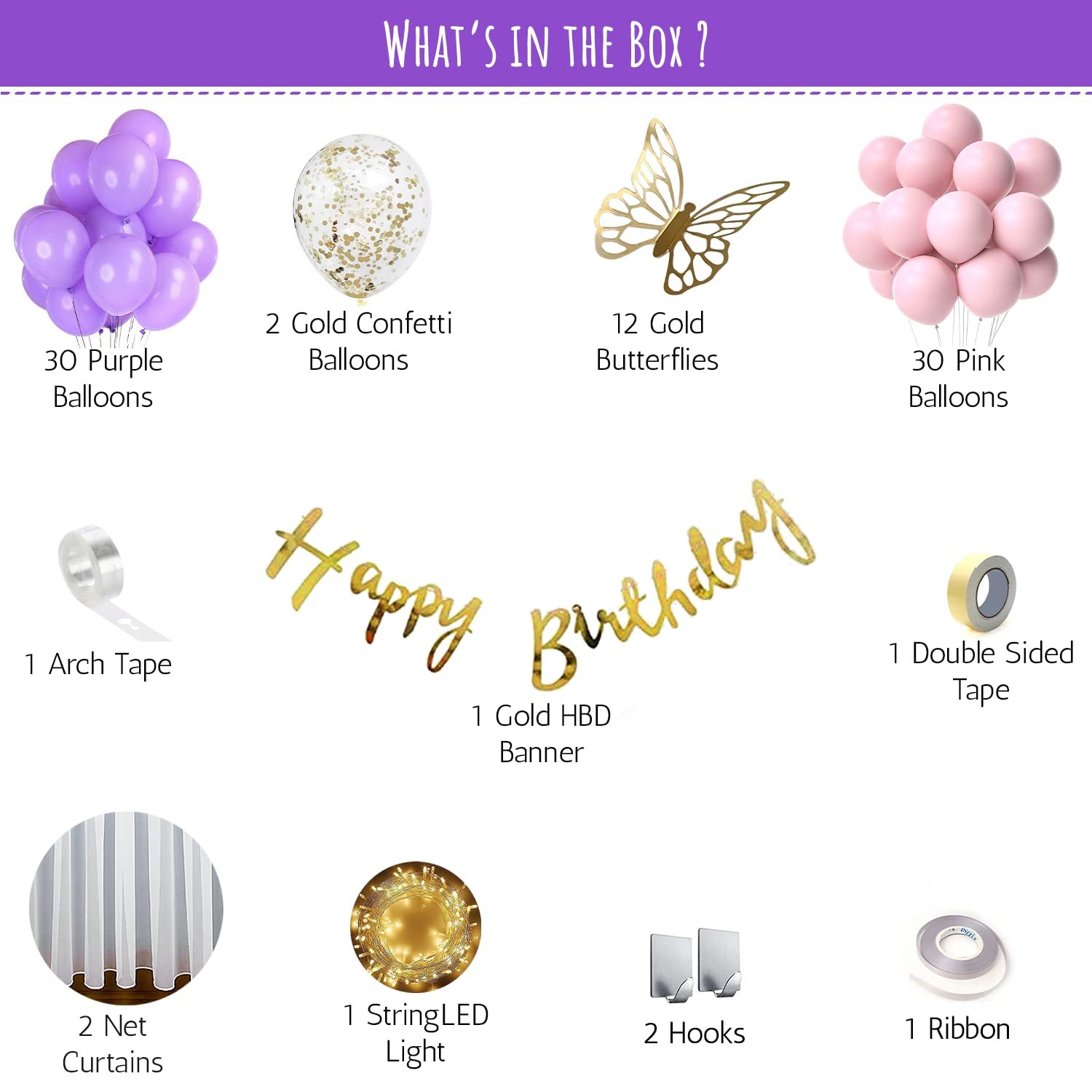 Birthday Decoration butterfly theme DIY Combo Kit with white net Curtain cloth and Fairy Lights - 80 pc, Pink and Purple Balloons, LED, Garland Arch strip, backdrop, princess, for girls - Image 2