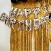 Golden Birthday Decoration Items - 65Pcs Combo - Silver Foil Happy Birthday, Golden Foil Fringe Curtain, Golden Silver & Black Balloon - Balloons for Decoration at Home