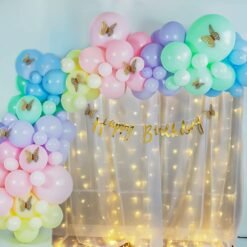 pastel rainbow butterfly theme birthday party decorations Combo Kit includes 81 pcs- white net Curtain cloth with Fairy Lights