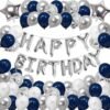63 pcs Birthday Banner Combo 1 Silver Foil Happy Birthday Banner 20 Blue 20 Silver 10 White Premium Metallic Balloon 2 Silver Star 18 Inch 10 Silver Confetti Balloons With 1 Ribbon for Boys Girls Wife Adult Husband Mom Dad/Happy Birthday Decorations Items Set Balloon??