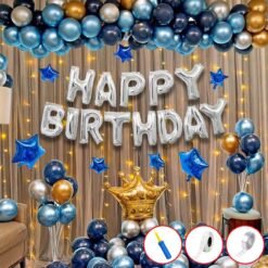 Happy Birthday Decorations For Boys -50Pcs Happy Birthday Decoration Items Kit- Curtain Net, Light