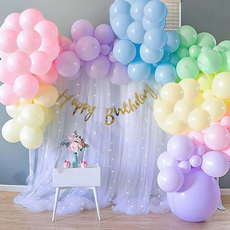 Pastel Rainbow net fabric backdrop Happy Birthday decoration,Balloon Garland arch tape, Fairy LED lights