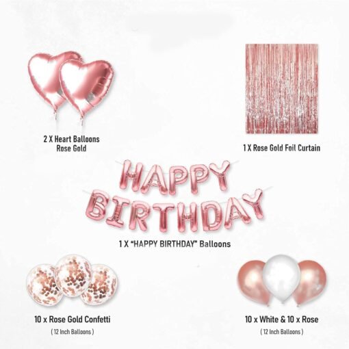 Rosegold Birthday Decoration Items -47 Pcs items - With Happy Birthday Foil Balloon, Heart Shape Balloon, Confetti Balloons - Perfect for theme party decoration - Image 2