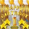 Boy girl & kids First/1st happy birthday combo/kit material for party decorations (Set of 61) Happy birthday combo decorations Pack - Happy birthday foil Banner, 2 Gold Shimmer foil curtains 1 Silver Foil Curtain, 25 Premium Gold and 25 Silver Metalic balloons, Ribbon