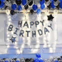 Birthday Decoration Set Including Silver Foil Happy Birthday Foil (13Letters), 2Pcs. 16" Foil Stars(Black,Silver) 30 Metallic (Black, Blue & Silver) Balloons