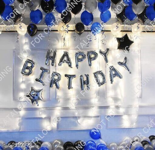 Birthday Decoration Set Including Silver Foil Happy Birthday Foil (13Letters), 2Pcs. 16" Foil Stars(Black,Silver) 30 Metallic (Black, Blue & Silver) Balloons