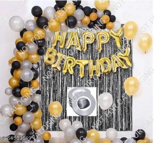 Happy Birthday Golden Foil Balloon Decoration Kit With Sliver Curtain 2pcs (6x3 Ft. Approx) + White,Black & Golden Color Latex Metallic Hd Balloon Pack Of 30 Pcs + Curling Ribbon Free Gift For Decoration Item