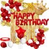 Golden And Red Happy Birthday Decoration Combo Kit With Banner, Balloons, Foil Curtain, Crown Foil 48pcs For Birthday Decoration Boys, Kids, Girl, husband, wife, Girl friend, Adult.