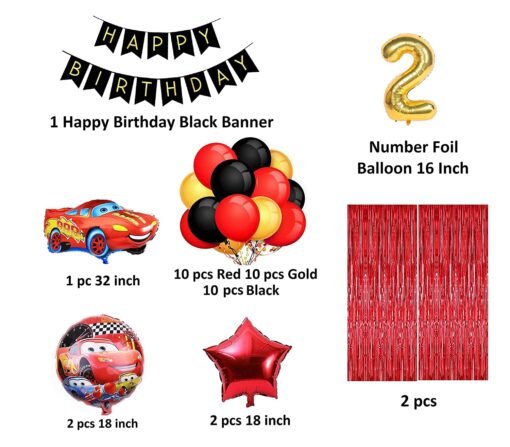 Car Theme 2nd Birthday Decoration for Boys (Pack of 39, Red & Black) - Image 2