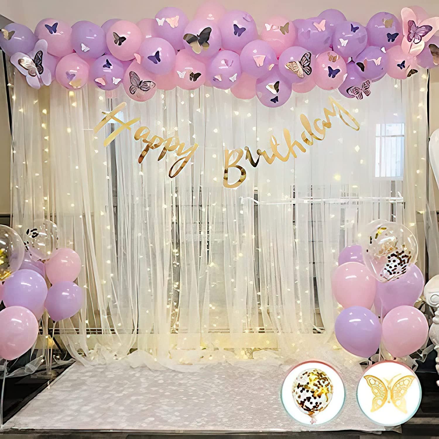 Birthday Decoration butterfly theme DIY Combo Kit with white net Curtain cloth and Fairy Lights - 80 pc, Pink and Purple Balloons, LED, Garland Arch strip, backdrop, princess, for girls