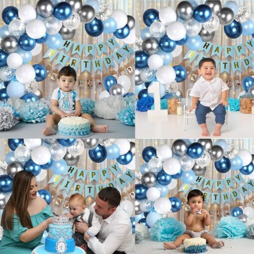 1st Birthday Decoration For Boys - Large 53Pcs, Happy Birthday Banner With Led Lights, Blue Birthday Decoration, First Birthday Decorations Boy, Silver Confetti Balloons, Metallic Balloons - Image 5