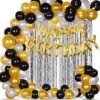 Happy Birthday Decoration Kit Combo - 53Pcs Black Golden Silver Items Set with 2Pcs Silver Foil Curtain,50 Pcs Metallic Rubber Balloons, Golden Happy Birthday Foil Balloon/ Balloon Set