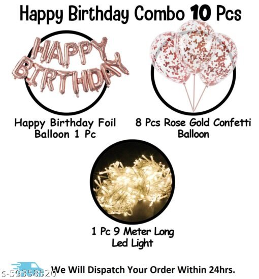 Happy Birthday Decoration, Birthday Decorations, Birthday Ka Saman, Birthday Decoration Items Kit- 10Pcs Rose Gold Bday Banner Foil Balloon Confetti Balloon with Led Light for Kids, Wife, Girls, Bday Decorations Items with Fairy String Lights - Image 2