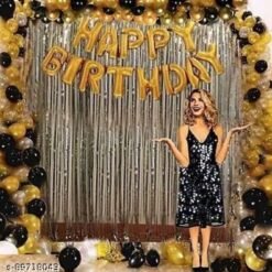 HAPPY BIRTHDAY GOLD 13 LETTER FOIL 2 SILVER CURTAIN 30 GOLD BLACK MATTALIC BALLON PACK OF 45