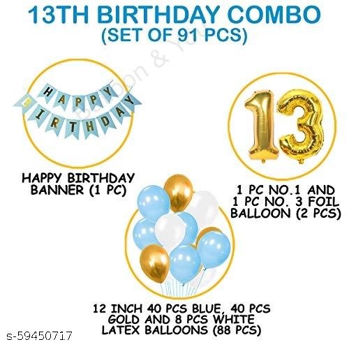 Happy Birthday Decoration, Birthday Decorations, Birthday Ka Saman,13th Happy Birthday Balloons Decoration Kit Items Combo Blue Gold White-90Pcs for Kids Boys Adult Men Husband Second Theme Decorations/Foil Balloon,Metallic Latex Balloon,Curtain,Banner - Image 2