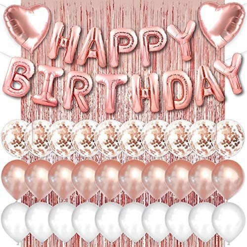 Rose Gold Cake Topper Decoration With Happy Birthday Candles Happy Birthday  Banner Confetti Balloon Hearts For Rose Gold Theme Party Decor Girl Women