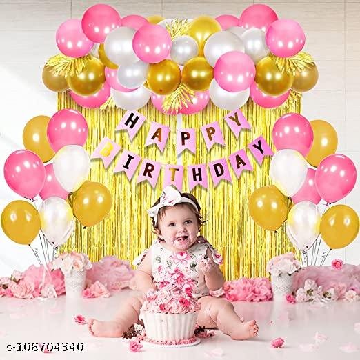 Birthday decoration kit for girls 64Pcs Packet includes: 2Pcs Golden fringe Foil Curtain, 1pc glue dots, 60Pcs Metallic pink balloons, golden baloons and white balloons, 1Pc pink Happy Birthday banner for birthday decoration items for girls. - Image 4