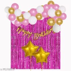 Happy Birthday Decoration Kit Combo 38 Pcs - Gold, Pink & White Latex Balloon, Gold Happy Birthday Banner, Pink Curtain, Gold Star Foil