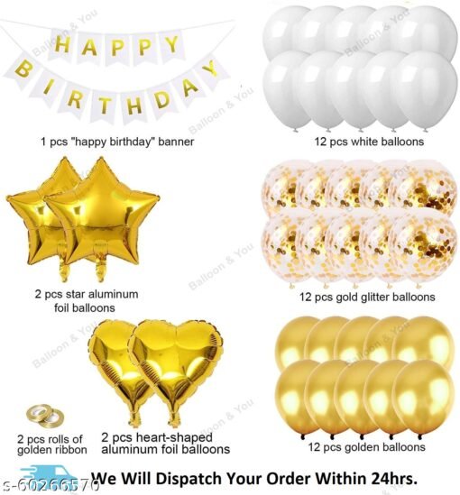 Birthday Decorations, Birthday Ka Saman, Happy Birthday Decoration, Happy Birthday Decorations Combo, Gold White Balloon Garland, Happy Birthday Banner, Gold Latex Confetti Sequin Balloon for Birthday Party - Image 2