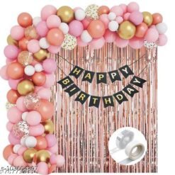 Happy Birthday Black Banner + 2pcs Fringe Foil Curtain (Big Size) + 5pcs Confetti with 40pcs HD Metallic Balloons (Pack of 48) (Rose Gold)