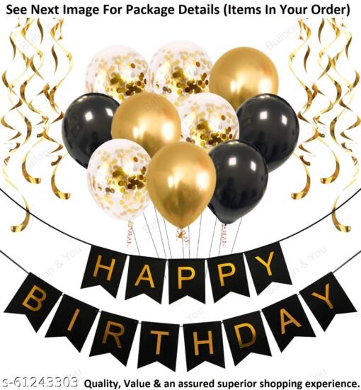 Birthday Decorations, Birthday Ka Saman, 16Pcs Happy Birthday Banner, Black-Golden Balloons with Golden Confettie and Golden Swirls for Boys, Girls, Kids or Adults Birthday Decoration