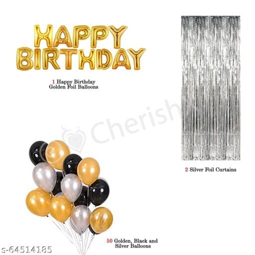 HAPPY BIRTHDAY PARTY BEST DECORATION SET WITH GOLDEN FOIL HAPPYBIRTHDAY (13 PIECE LETTER)+2 PCS Silver Fringe Curtain (3*6feet)+ 30pc Mettalic Shine Balloon (Black, Sliver, Golden) | Birthday Party Decorations Set |Happy Birthday Decoration Set - Image 3