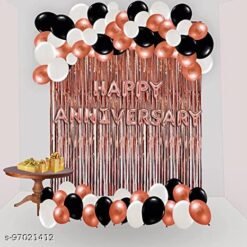 Happy Anniversary Balloons Decoration Kit Set Decorations Items Combo with Anniversary 16 Letter Foil + 2 Pcs Rose Gold Curtain + 30 Pcs Metallic Balloons (Pack of 48)