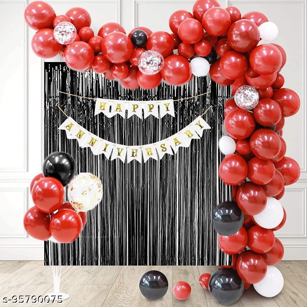 Anniversary Decoration Set with Happy Anniversary Banner, Fringe Foil Curtain with HD Metallic & Confetti Balloons, Glue Dot & Arch Balloons Combo Kit