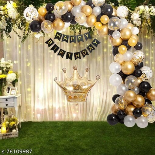 86PCS Complete Birthday Decoration for Boys, Baby Boy, Teenager Prince Theme Kit With Banner, Golden Crown, 65PCS Balloon,5PCS Confetti Balloon, 16feet Balloon Arch Tape With 100 Glue Drop Strip