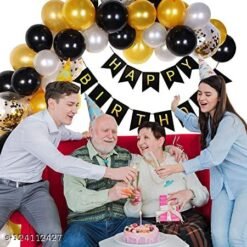 Black Happy Birthday Decoration Items, 1pc black happy birthday banner, 12pcs black, 12pcs gold, 12pcs silver and 4pcs golden confetti, 41pcs Set Combo Happy Birthday Paper Banner Balloon Metallic Confetti for Husband Wife Mom and Dad.