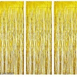 Creations 3 Pcs Golden Colour 3ft x 6ft Tinsel Metallic Foil Fringe Curtains Party Stage Backdrop Simmer Curtain for Valentines Day Wedding,Anniversary, Birthday