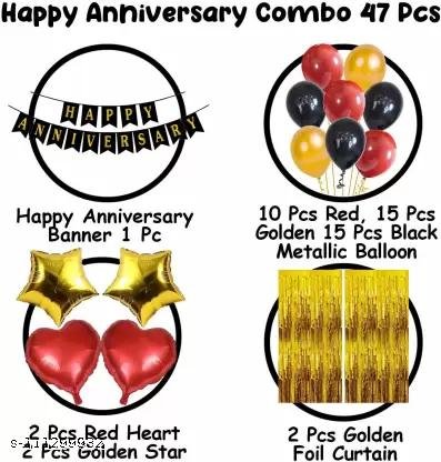 Solid Happy Anniversary Black Banner 2 Pcs Golden Curtain 4 Pcs Heart & Star Foil with 40 HD Metallic Balloons for Party Decorations Kit Balloon (Black, Gold, Red, Pack of 47) - Image 2