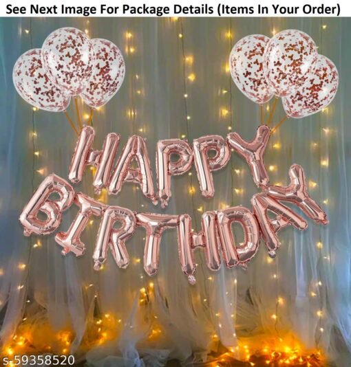 Happy Birthday Decoration, Birthday Decorations, Birthday Ka Saman, Birthday Decoration Items Kit- 10Pcs Rose Gold Bday Banner Foil Balloon Confetti Balloon with Led Light for Kids, Wife, Girls, Bday Decorations Items with Fairy String Lights