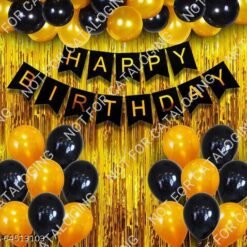 Happy Birthday Banner Black + 2pcs Golden Fringe Curtain + 30 Metallic Balloon ( Black, Gold )