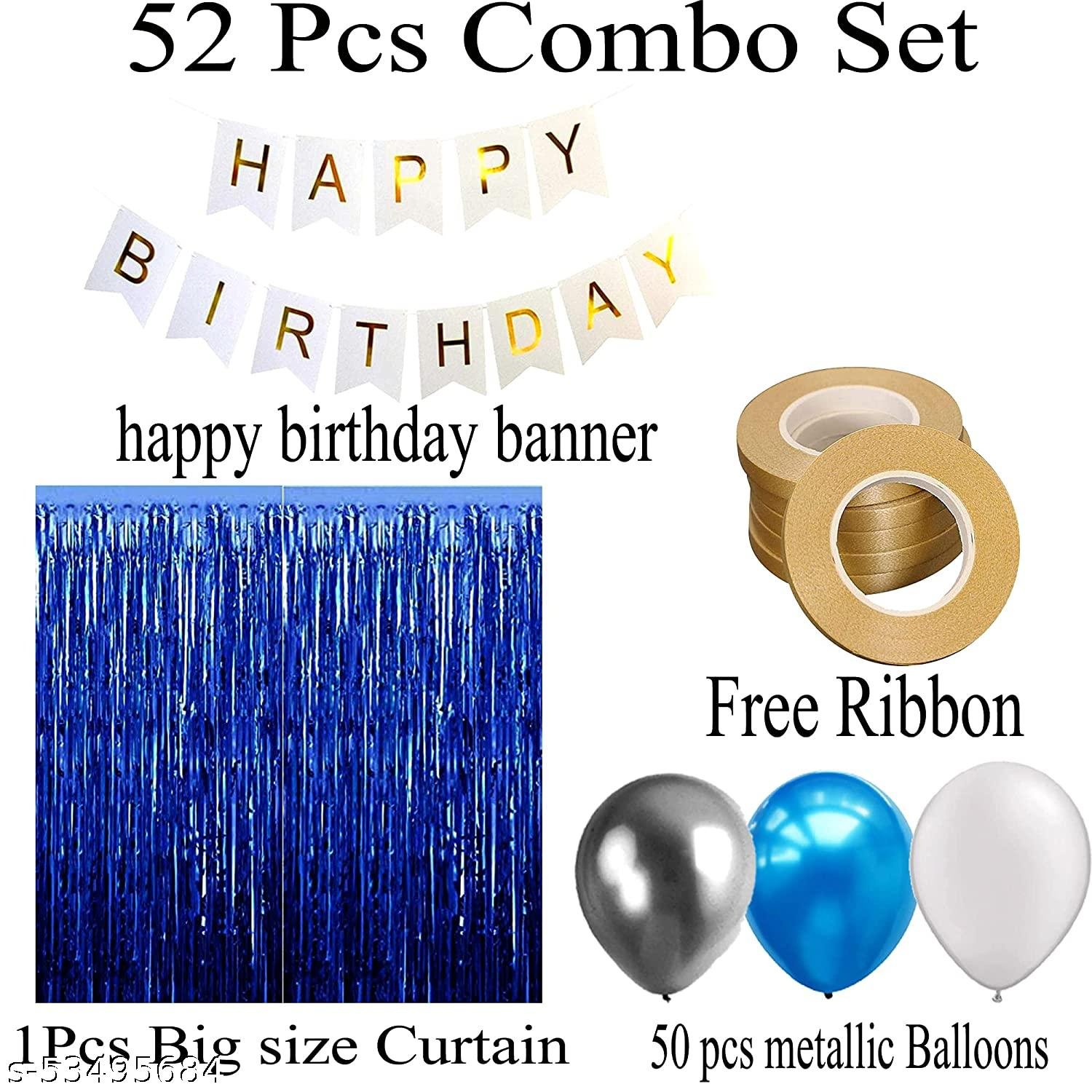 Happy Birthday Banner For Decoration Kit -52 Pcs Combo Set - White Happy Birthday Banner, Blue Curtain Foil, HD Metallic Light Blue, White and Silver Latex Balloons (White-Blue) - Image 2