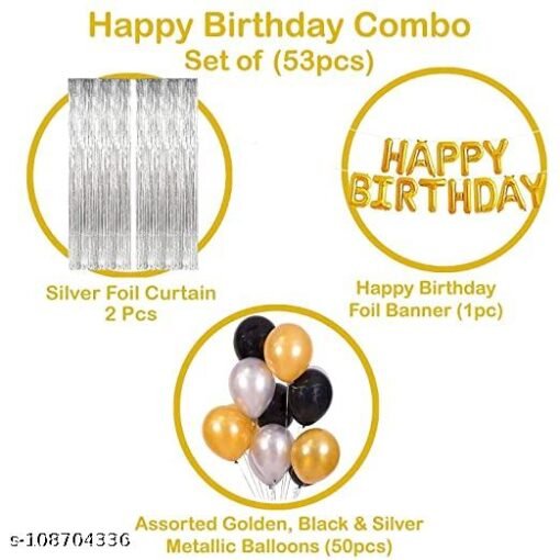 Happy Birthday Decoration Kit Combo - 53Pcs Black Golden Silver Items Set with 2Pcs Silver Foil Curtain,50 Pcs Metallic Rubber Balloons, Golden Happy Birthday Foil Balloon/ Balloon Set - Image 2