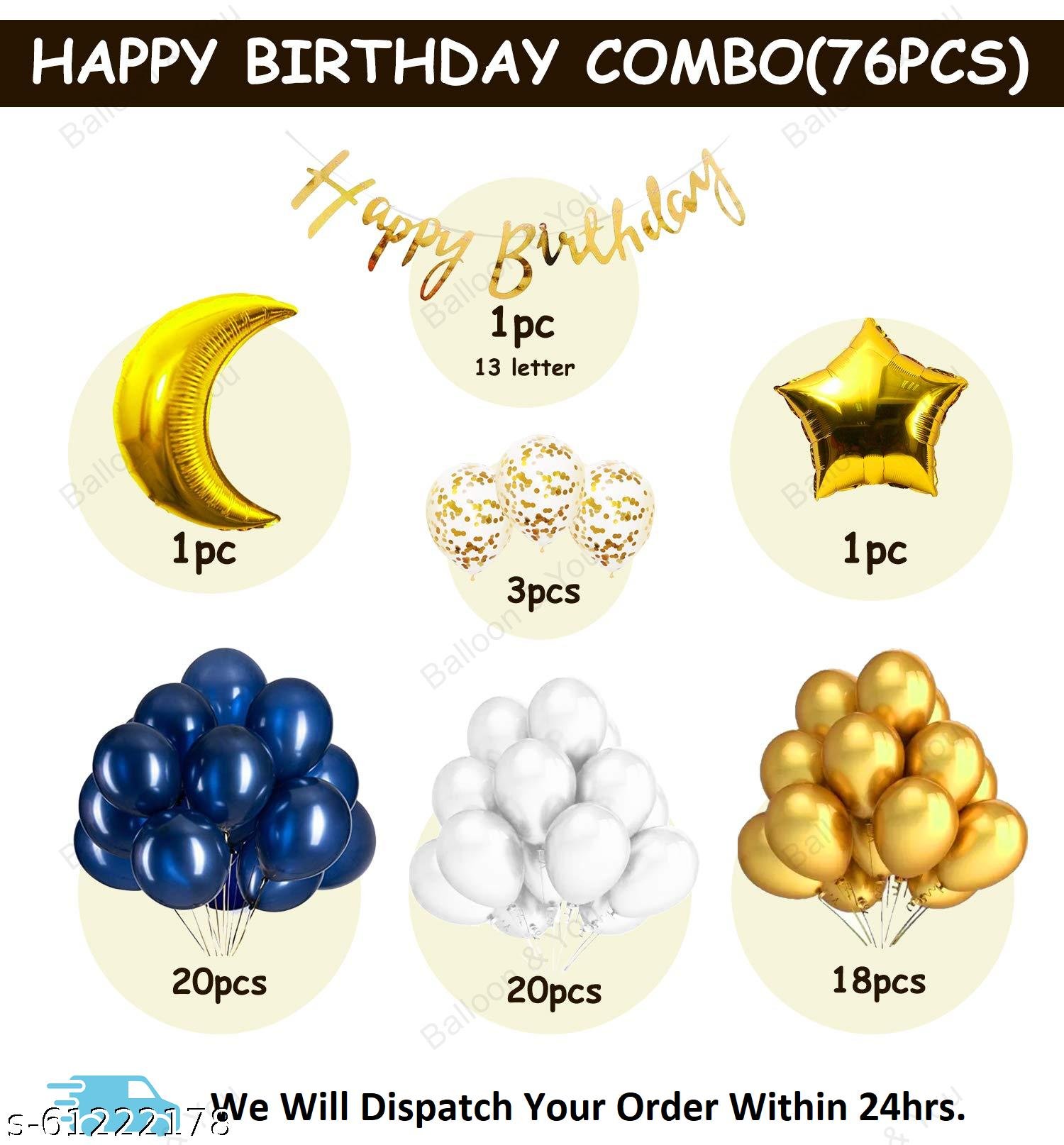 Birthday Decorations, Birthday Ka Saman, Royal Blue Decoration Combo Kit Of 76-Blue Cursive HBD Banner(13)+Foil 18? Golden Moon(1)+Foil Golden 18?Star(1)+Golden Confetti Balloons(3)+Metallic Balloons Blue(20)+White(20)+Golden(18) - Image 2