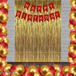 Happy Birthday Red Theme Combo Pack Party Decor - Pack of 33 (1 pc Red Bunting Banner + 30 Latex Balloons + 2 Fringe Curtains Golden Balloon pack 33 Letter Balloon  (Red, Gold, Pack of 33)