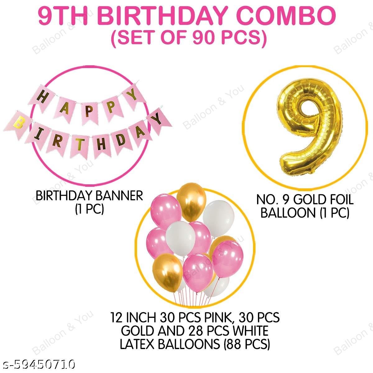Happy Birthday Decoration, Birthday Decorations, Birthday Ka Saman,9th Happy Birthday Balloons Decoration Kit Items Combo Pink Gold White-90Pcs for Kids Girls Adult Women Wife Second Theme Decorations/Foil Balloon,Metallic Latex Balloon,Curtain,Banner - Image 2