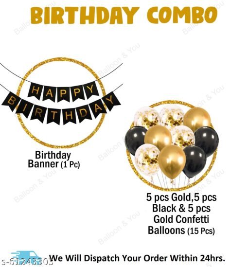 Birthday Decorations, Birthday Ka Saman, 16Pcs Happy Birthday Banner, Black-Golden Balloons with Golden Confettie and Golden Swirls for Boys, Girls, Kids or Adults Birthday Decoration - Image 2