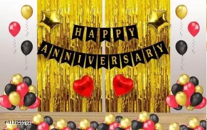 Solid Happy Anniversary Black Banner 2 Pcs Golden Curtain 4 Pcs Heart & Star Foil with 40 HD Metallic Balloons for Party Decorations Kit Balloon (Black, Gold, Red, Pack of 47)