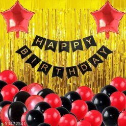 Happy Birthday Banner For Decoration Kit - 35 Pcs Combo Set - Black Happy Birthday Banner, Golden Curtain and Red Star Foil with HD Metallic Red and Black Latex Balloons