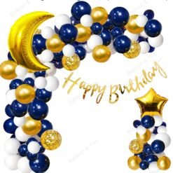 Birthday Decorations, Birthday Ka Saman, Royal Blue Decoration Combo Kit Of 76-Blue Cursive HBD Banner(13)+Foil 18? Golden Moon(1)+Foil Golden 18?Star(1)+Golden Confetti Balloons(3)+Metallic Balloons Blue(20)+White(20)+Golden(18)